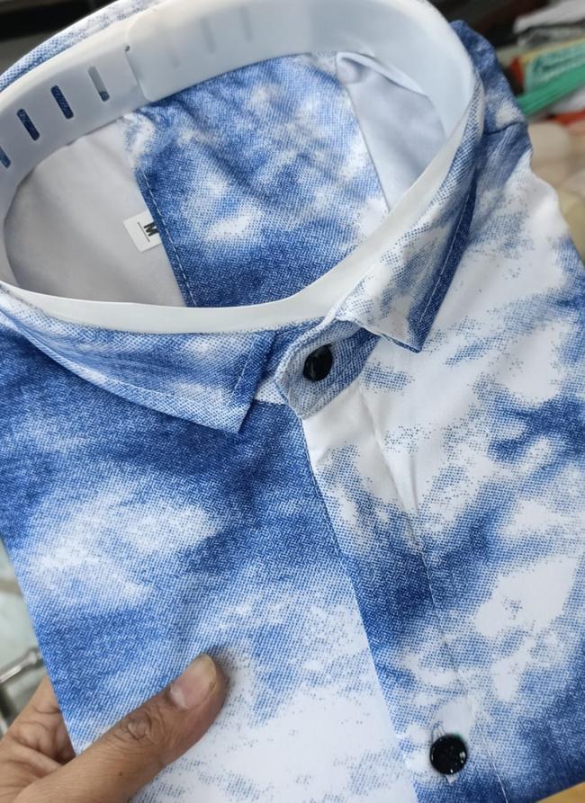 Cotton Lycra Blue Casual Wear Printed Short Sleeve Shirt